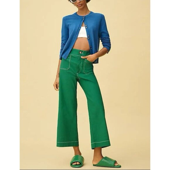 Anthropologie Colette Contrast Stitch Cropped Wide Leg Pants Maeve Size 23 Green - Picture 10 of 11